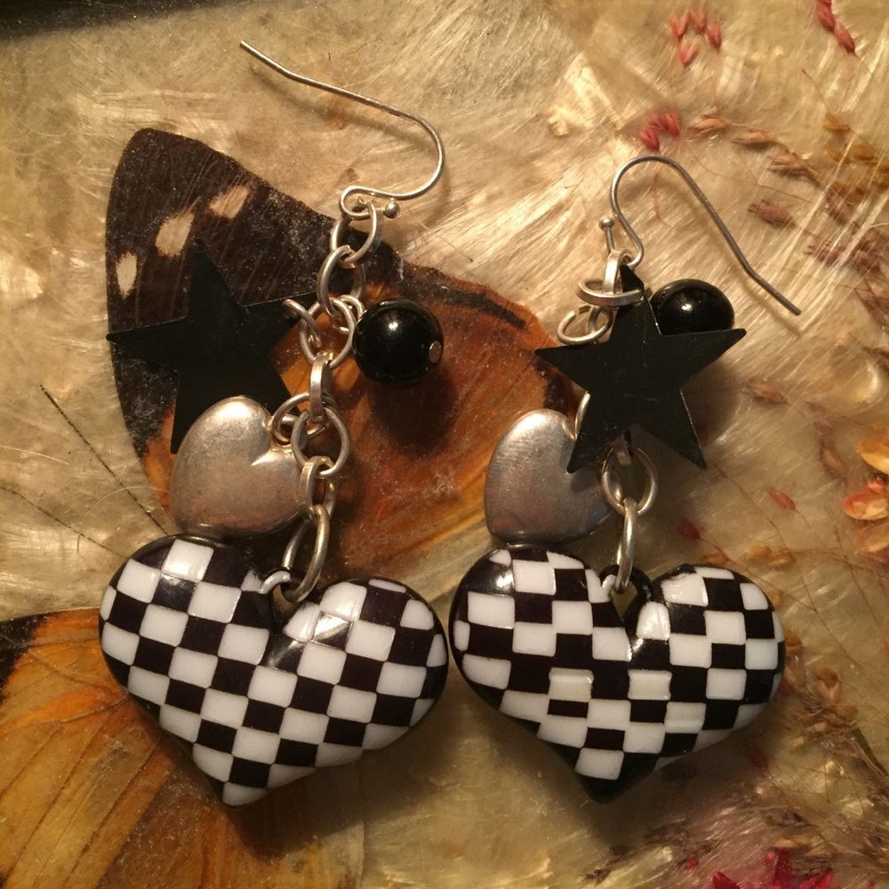 Black and white heart earrings